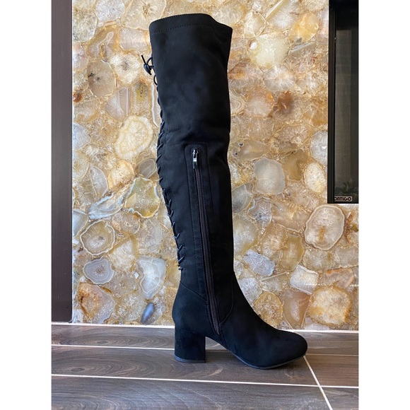 Back Lace Up Mid Faux suede Block Heel Over The Knee Thigh High Boot round toe - Picture 2 of 16